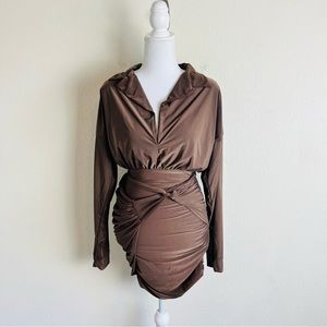 NWT Fashion Nova Brown Slinky Ruched Long Sleeve Collar Makes Sense Mini Dress